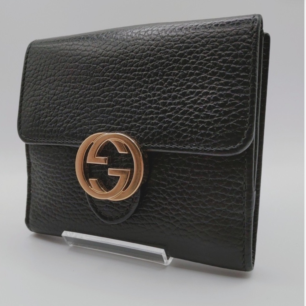 GUCCI Interlocking G Leather Small Wallet Black Gold-toned Hardware